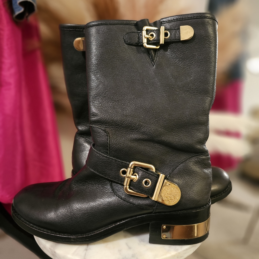 Vince Camuto Moto Boots Black Leather Gold Heel Detail Buckle Size 7M